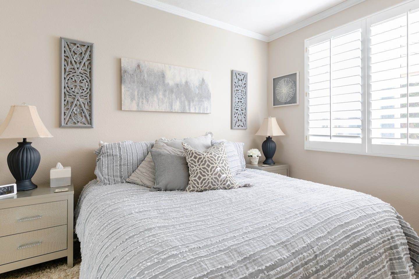 Bedroom 2 from the corner, with plantation shutters