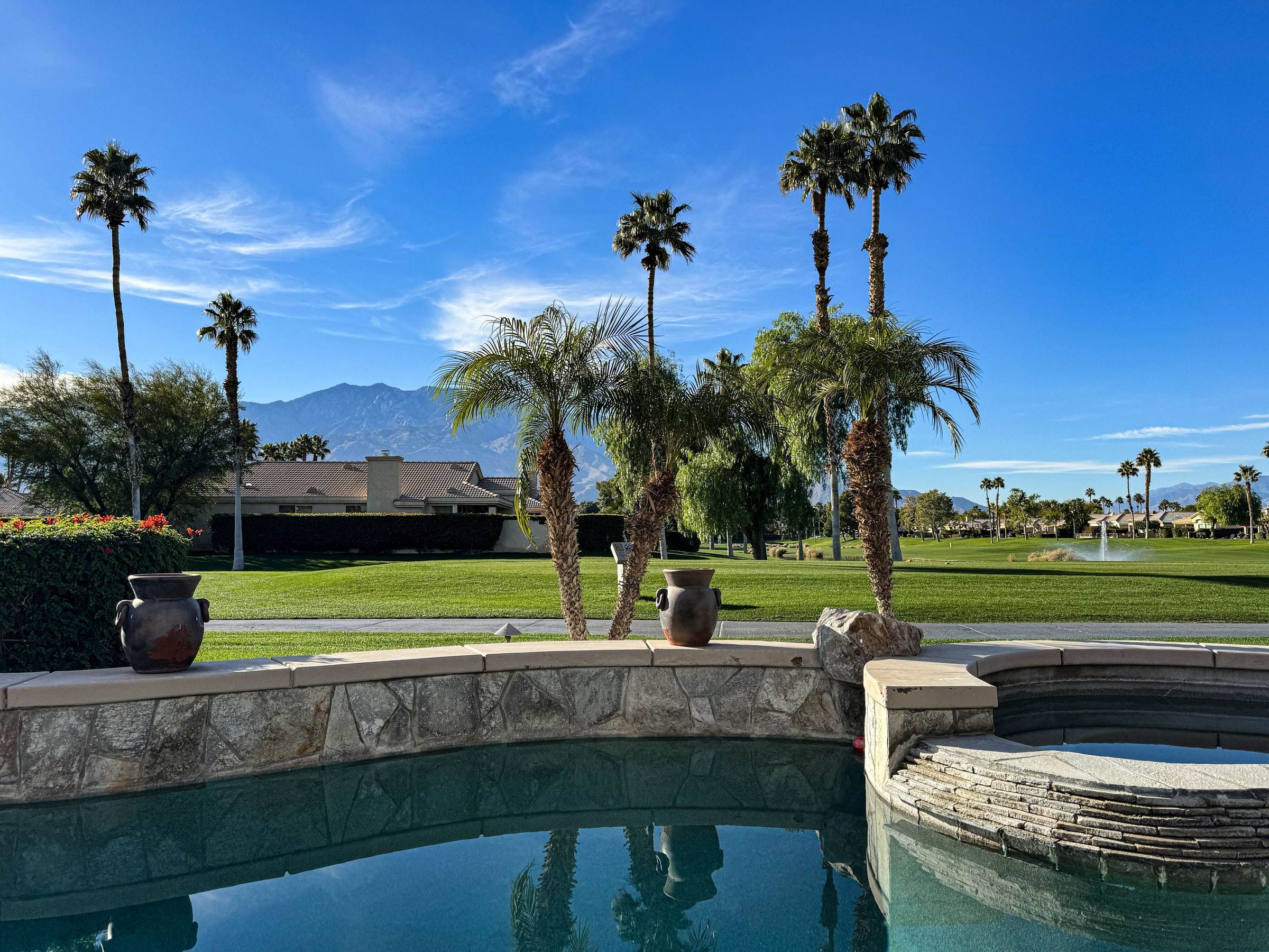 Pool and spa with three palm trees and the golf course behind
